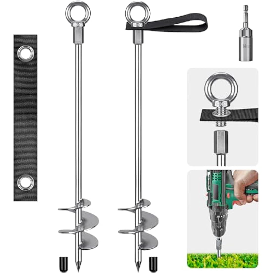 Insaga Tent Peg, 76cm Heavy Duty Ground Anchor Large Metal Earth Stake Spiral Blade Screw in Trampolines Spike for Swing Set/Camping/Shed/Dog/Carport with Fixed Loop Strap, 2 Pack