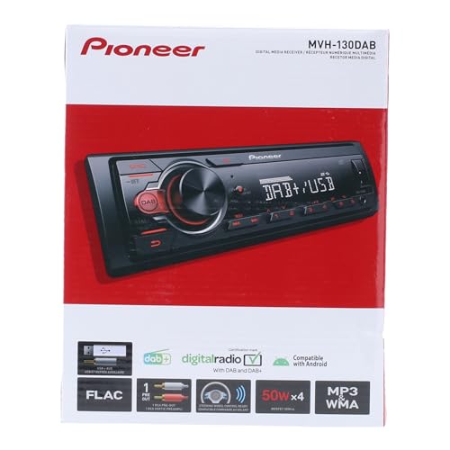 Pioneer MVH-130DAB 1-DIN receiver with DAB/DAB+, Red illumination, USB and compatible with Android devices.