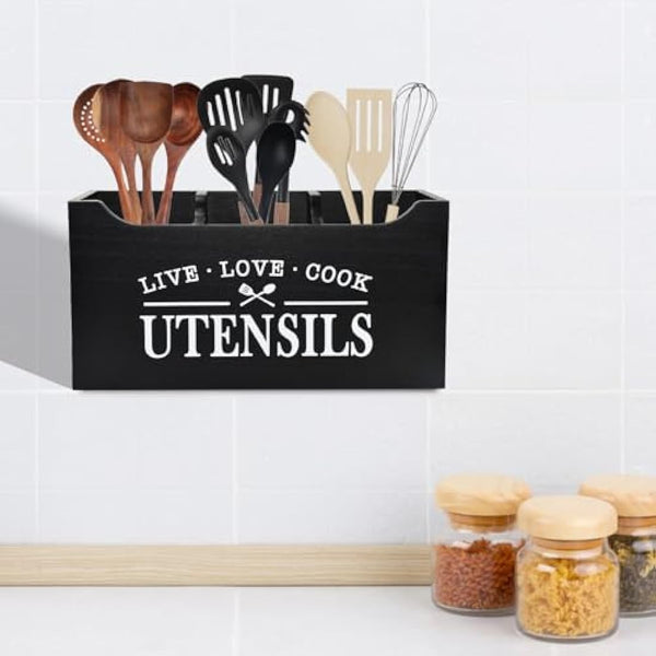 Karisky Kitchen Utensil Holder with Drainage Bottom, Large 3 Compartments Solid Real Wood Utensil Organizer for Kitchen Counter, Farmhouse Cooking Tools Storage for Countertop, Black