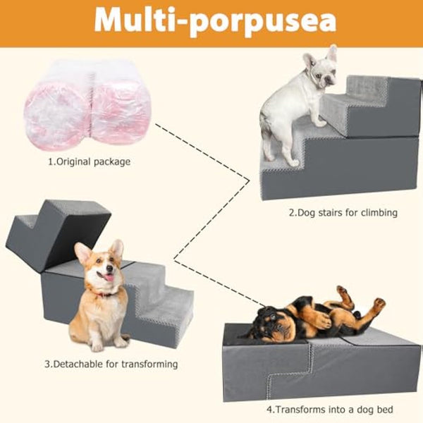 Nepfaivy Dog Steps Stairs for Bed - Non-Slip Pet Stairs for Small Dogs and Cats, 4-Steps Dog Ramp for Sofa with High Density Foam and Removable Cover, 61x40x45cm