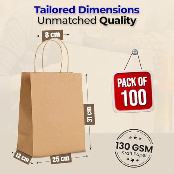 HURUC 10 Pcs Brown Paper Bags With Handles,130GSM, Large Paper Gift Bags, Eco-Friendly Kraft Shopping Carrier, Christmas, Easter, Birthday Parties & Merchandise Retail 25x31x12cm