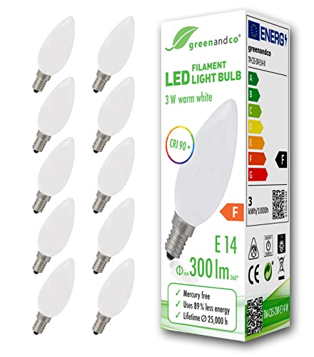 greenandco CRI 90+ E14 LED Filament Candle Frosted 3W Replaces 28W 300lm 2700K Warm White 360 230V, no Flicker, not dimmable, 10-Pack