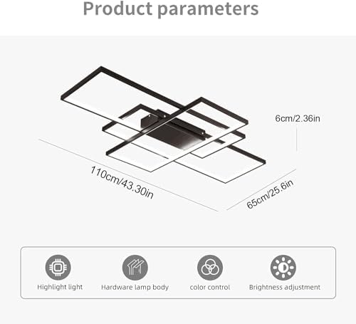 JIINOO Dimmable LED Ceiling Light, 110cm Flush Mounted Ceiling Light with Remote Control, 70W Square Acrylic Modern Simple Design Fixture for Bedroom Living Room, Black