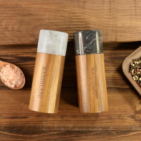 Marshland UK Salt and Pepper Grinder Set - Spice Grinder Made from Acacia Wood and Marble, Set of 2 Salt Grinder and Pepper Mill - Wood Color