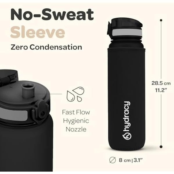 Hydracy Water Bottle with Time Marker -Large 1 Litre BPA Free Water Bottle & No Sweat Sleeve -Leak Proof Gym Bottle with Fruit Infuser Strainer & Times to Drink -Ideal for Fitness Sport & Outdoor