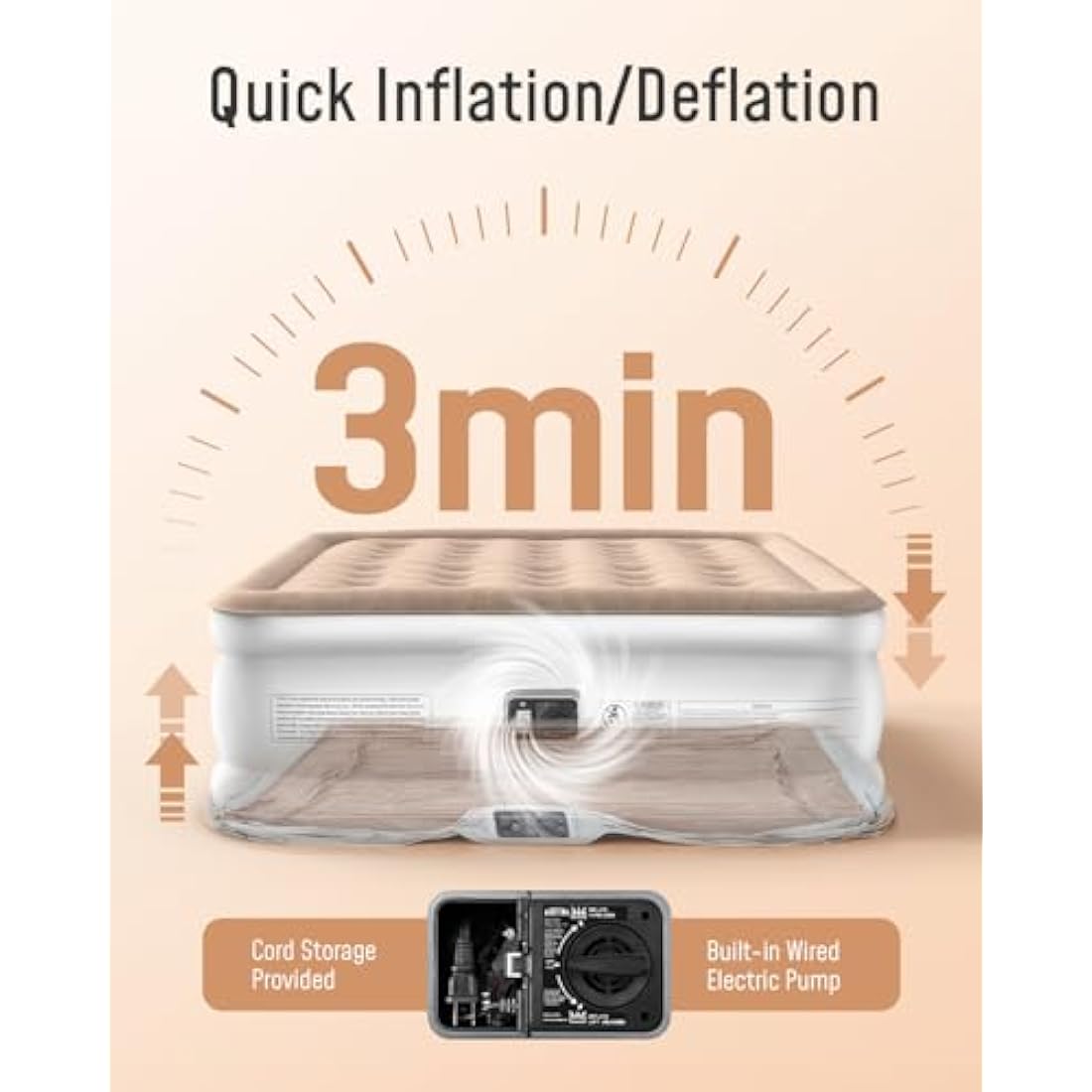 Airefina King Air Bed, Inflatable Mattress with Built in Pump, Blow up Bed in 3 Mins Self-Inflation, Portable Double Blow up Mattress, Flocked Surface Airbed for Guest, Home & Camping, -203×152×40cm