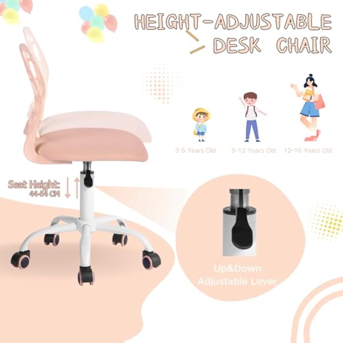 FurnitureR Office Chair Desk Chair Adjustable Height Swivel Fabric Seat Ergonomic Work Chair without Armrest, Light Pink