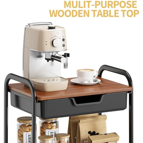 KINGRACK 3-Tier Storage Cart with Tabletop, Multifunctional Metal Cart for Kitchen, Home, Office, Bathroom, Black