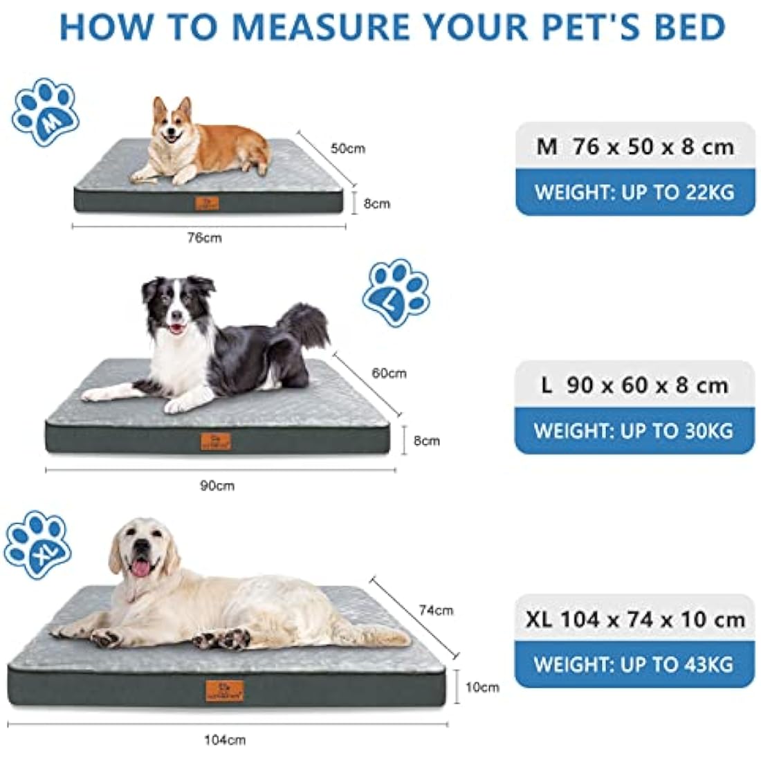 Gzvxuny Orthopedic Dog Bed for Medium, Large and Extra Large Dogs, Dog Bed with Removable Waterproof Cover, Egg Foam and Non-Slip Bottom, Pet Bed Machine Washable, Grey XL(104x74x10cm)
