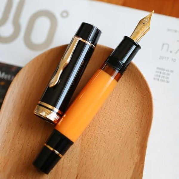 erofa Majohn P139 Piston Fountain Pen Extra Fine Nib with Box, Brass Piston System Large Capacity Resin Writing Pen, Black Yellow