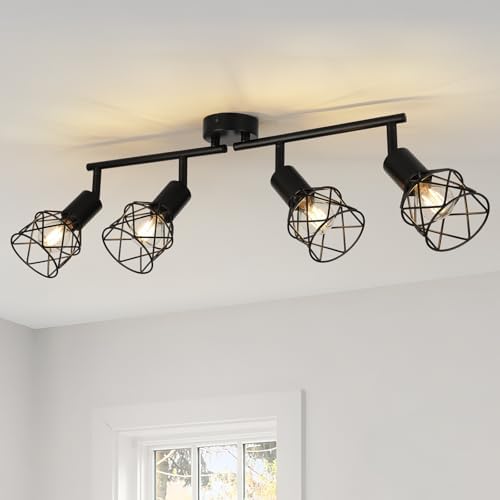 FORCOSO Ceiling Lights Spotlight, 4 Way Spot Lights 350°Adjustable, E14 Base Black Light Shade Metal Wire Cage Light Fittings, Industrial Wall Ceiling Lamp for Kitchen Living Room Hallway Bedroom