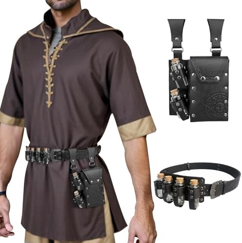EpicCos 3 PCs Medieval Alchemy Belt Waist Pack Combo with Multiple Potion Bottles, Viking Rivet Belt Side Pouch for Cosplay (Black D)