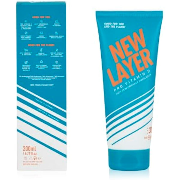 NEW LAYER Sunscreen | SPF 30 | Pro Vitamin D | Fast absorbing | Long lasting | Free of microplastic | Reef-friendly | Free of oxybenzone & octocrylene | Water resistant (200ml)
