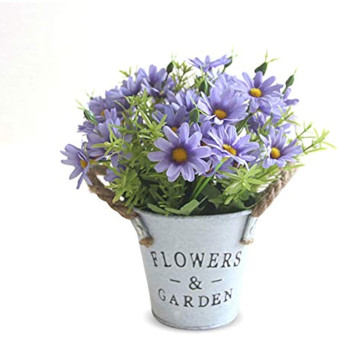 Hwtcjx Artificial Flowers with Vase, Artificial Flowers in Pots, Fake Plants With Metal Pot, Plastic Flower, with Vintage Metal Bucket, Beautiful Decoration, for Wedding, Office, Home (Purple)