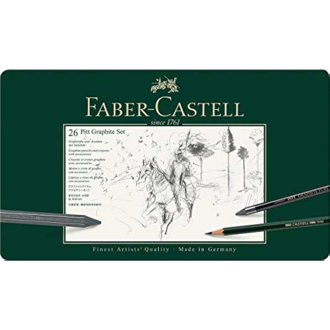 Faber-Castell - Pitt Graphite Set in Metal Case Large 26+3 Piece (Includes Eraser Pen with Brush, Paper Mop and Lead Sharpening Block)