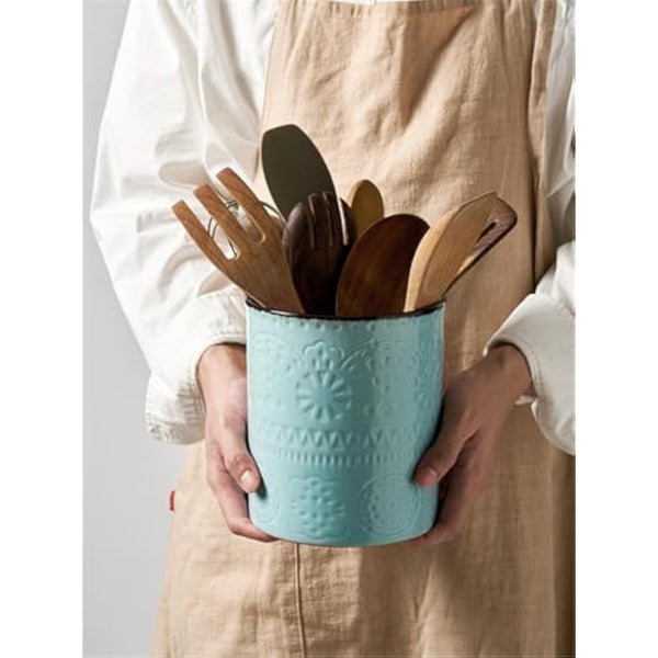 DOWAN Utensil Holder, 7.2 x 6.2 inches Large Kitchen Utensil Holder for Countertop, Ceramic Cutlery Holder, Romantic Relievo Crock, Utensil Caddy, Utensil Organizer, Ice Bucket, Vase, Home Décor-Blue