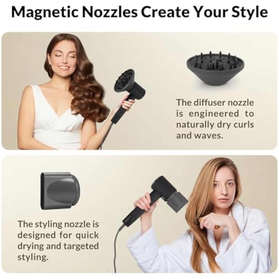 Chignon Ionic Hair Dryer with Diffuser - 110,000 RPM Brushless Motor, 1600W Blow Dryer with Temperature Display & Magnetic Attachments, Low Noise for Salon Styling