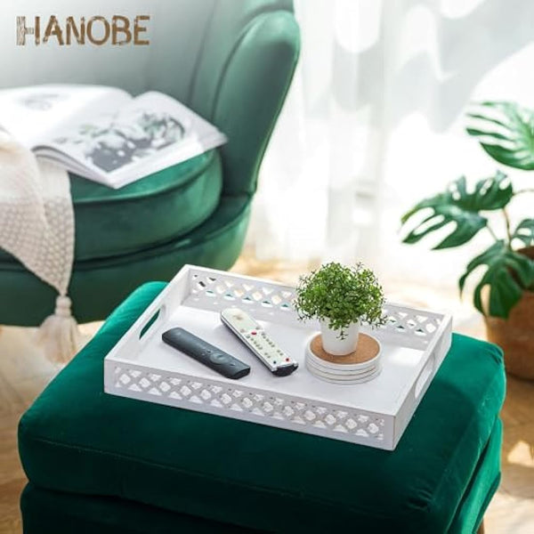 Hanobe Wooden Serving Decorative Tray: White Coffee Table Centerpiece Wood Trays with Handles for Ottoman Rectangle Large Farmhouse Home Decor, Hand Carved