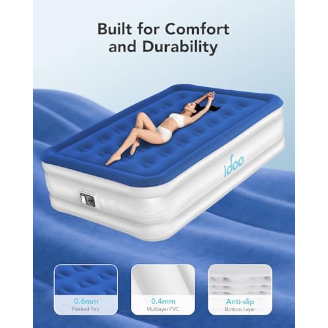 iDOO Inflatable Air Mattress, Air Bed with Built-in Electric Pump, Double Airbed with Storage Bag, Self Inflating Blow Up Camping Bed for Adults, Portable for Guest Home 190x137x38cm