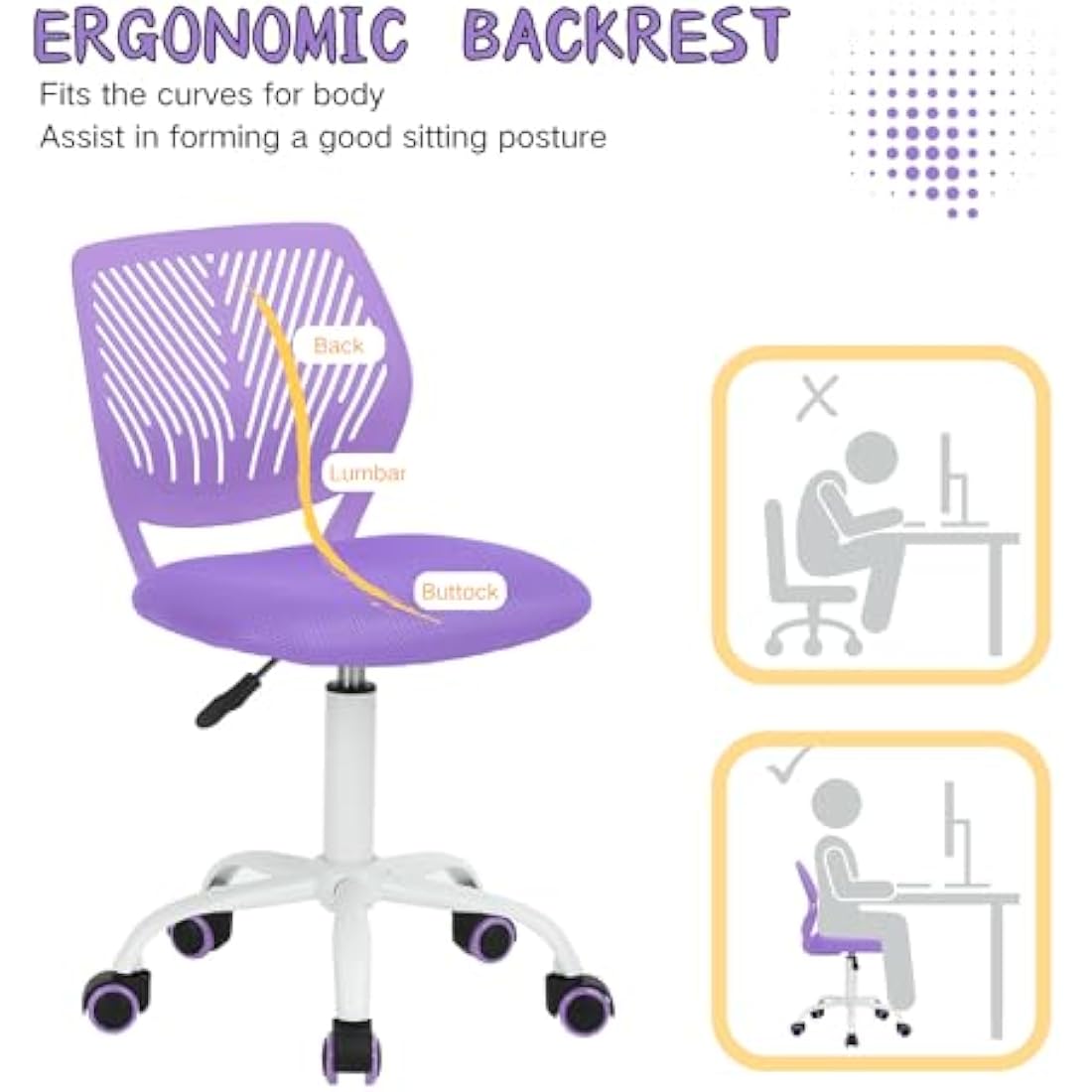 Homy Casa Desk Chair Adjustable Swivel Office Chair Fabric Seat Ergonomic Task Chair without Armrest, Purple