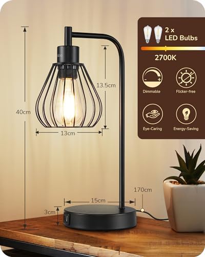 EDISHINE Bedside Lamps Set of 2, Dimmable LED Table Lamp, Teardrop Cage Lampshade, USB Charging Ports, Touch Lamps for Living Room, Bedroom, E27 Socket, Bulb Included, Black