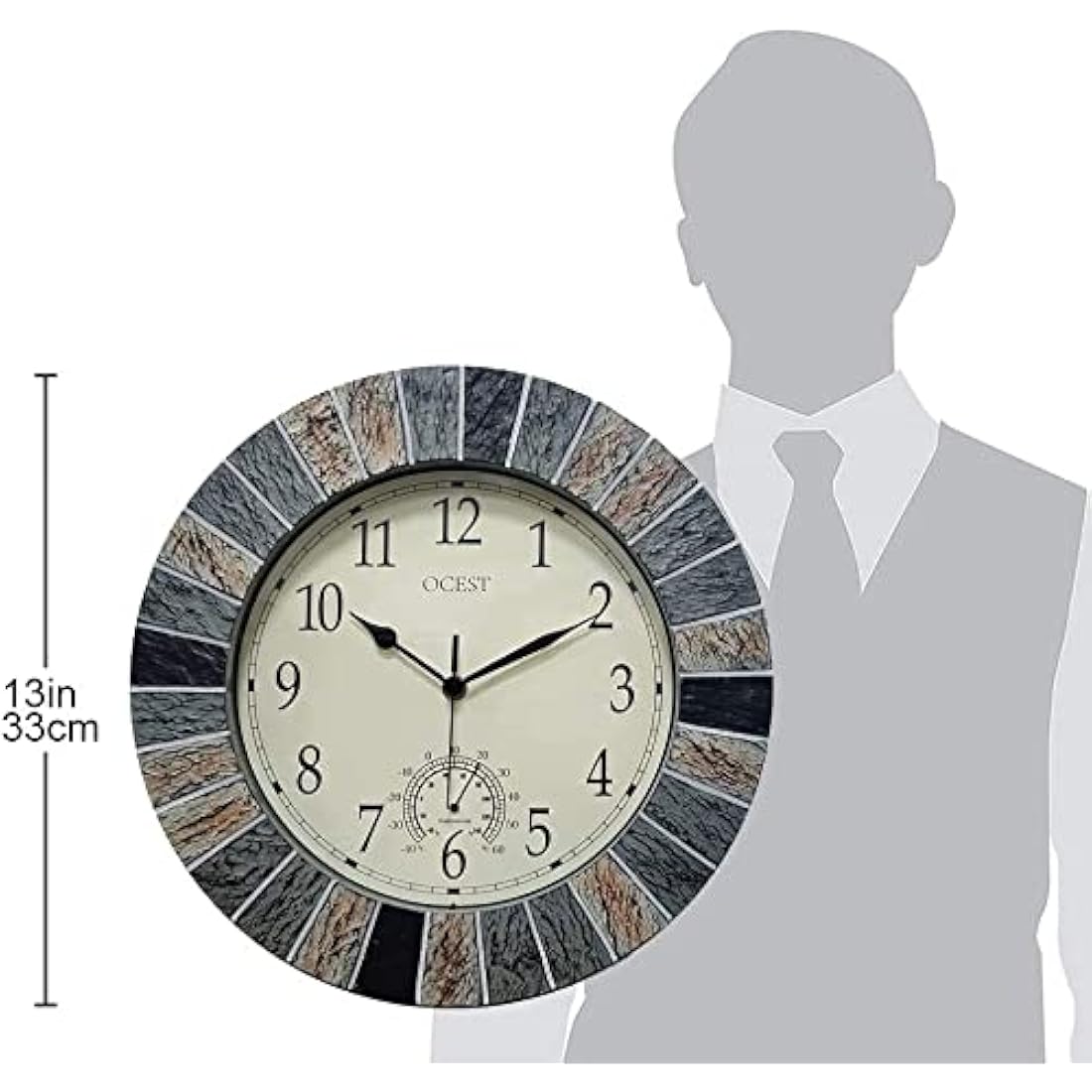 OCEST 13 Inch Garden Clocks Outdoor Waterproof, Large Retro Wall Clock with Thermometer Battery Operated Non Ticking Decorative for Patio Pool Kitchen