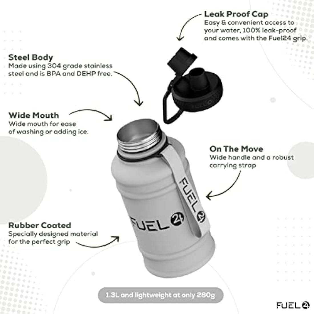 Fuel24 1.3L/2.2L Water Bottle Metal - STRONG, Drop & Leakproof BPA free 2L 1L Stainless Steel Water Bottle (1 Litre) - Large Gym Bottles for Men, Sports Water Bottle, Travel, Hiking Water Bottle