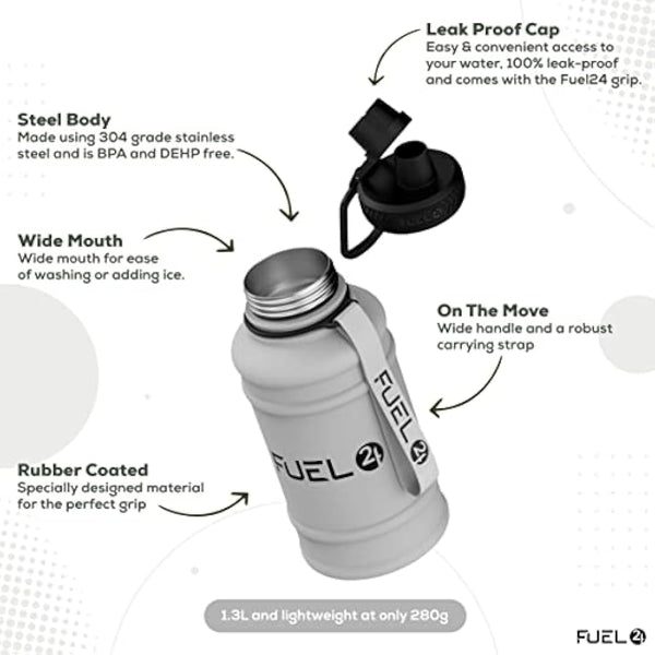 Fuel24 1.3L/2.2L Water Bottle Metal - STRONG, Drop & Leakproof BPA free 2L 1L Stainless Steel Water Bottle (1 Litre) - Large Gym Bottles for Men, Sports Water Bottle, Travel, Hiking Water Bottle