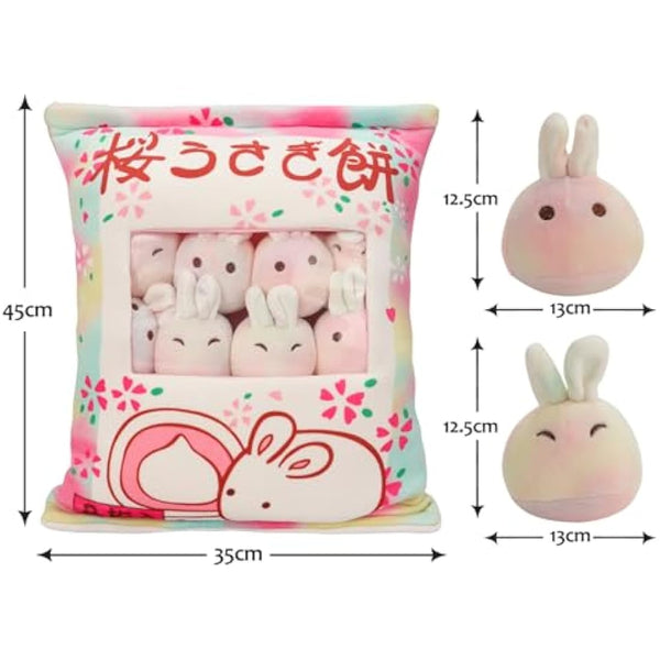 HXPLN Cute Snack Pillow Bunny Plush Pillow, Kawaii Rabbit Pudding Pillow with Bunny Dolls, Removable Stuffed Animal Toys Creative Gift for Kids, Girls, Boys (6 Colorful Bunnies)