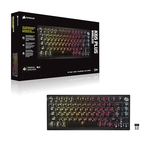 Corsair K65 PLUS WIRELESS 75% RGB Hot-Swappable Mechanical Gaming Keyboard – Pre-Lubricated MLX Fusion Tactile Switches – Dual-Layer Sound Dampening – PBT Keycaps – QWERTY UK – Black