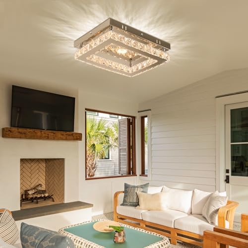 Finktonglan Modern LED Crystal Ceiling Light Rectangular Ceiling Lamp K9 Stainless Steel Flush Mount Chandelier Ceiling Lights Fixture for Dining Room Living Room Bedroom (Dimmable)