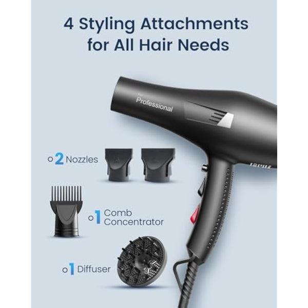 HappyGoo Hair Dryer Professional Ionic Hairdryer Fast Drying Salon with 2 Speed 3 Heat Setting, Cool Button, with Diffuser, Nozzle, Concentrator Comb for Women Man