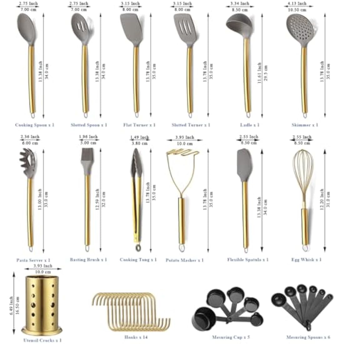 Gold Kitchen Utensils Set, Kyraton 38 Pieces Non-Stick Silicone Cooking Utensils Set, Spoon Spatula Set with Sturdy Stainless Steel Utensil Holder, Dishwasher Safe
