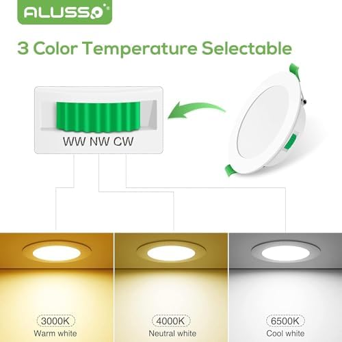 ALUSSO LED Recessed Ceiling Lights, 7W 580Lm Ultra Slim Dimmable Downlights, Warm White 3000K Neutral White 4000K Cool White 6500K Adjustable, IP44 Bathroom Spotlights for Kitchen, Living Room, 6 Pack