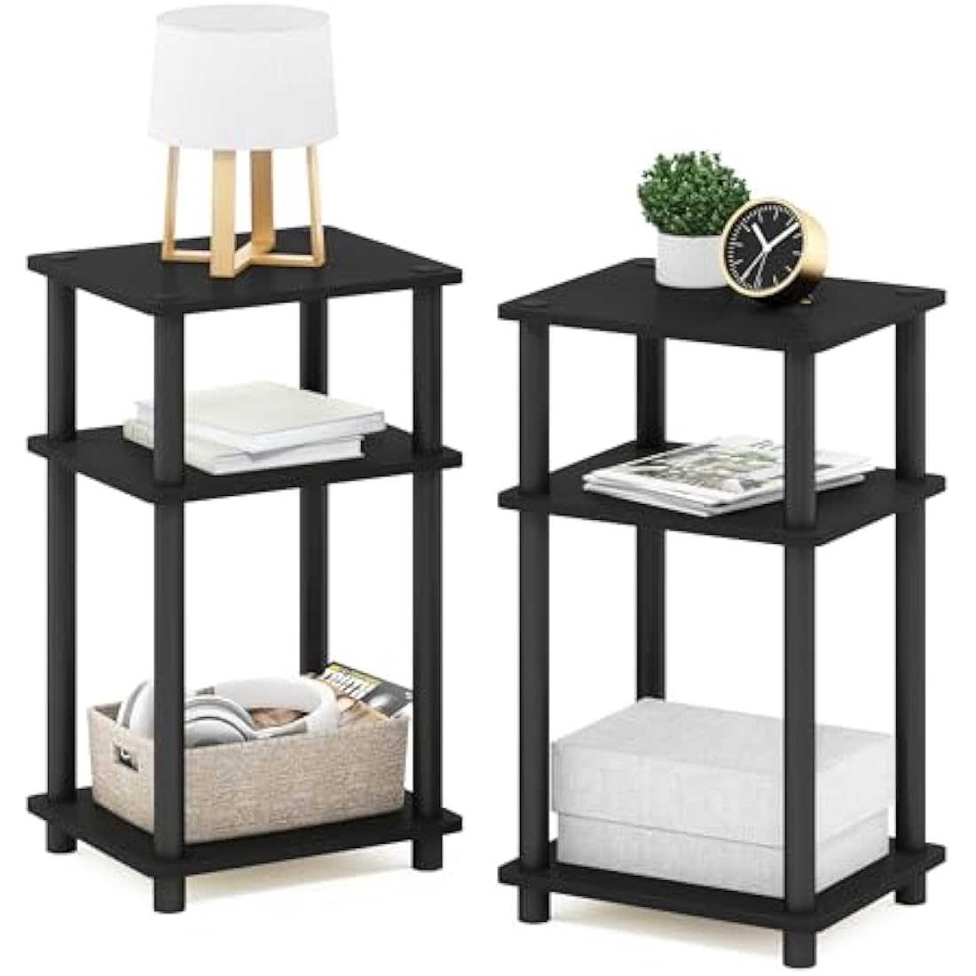 Furinno Just 3-Tier Turn-N-Tube End Table, Side Table, Nightstand, Americano/Black, 2-Pack