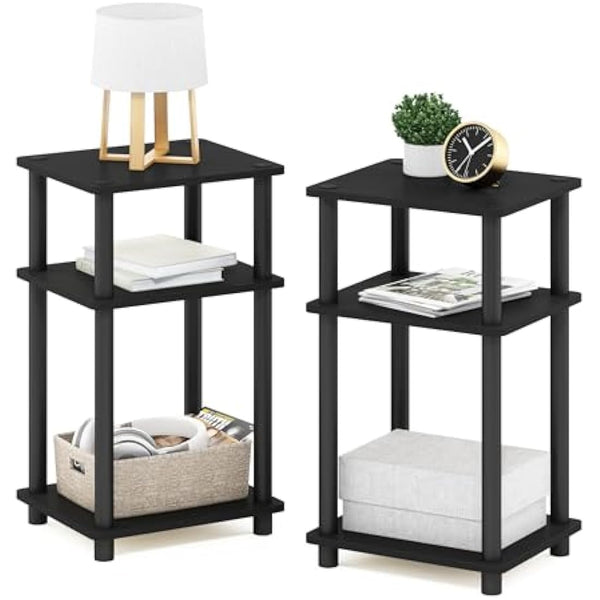 Furinno Just 3-Tier Turn-N-Tube End Table, Side Table, Nightstand, Americano/Black, 2-Pack