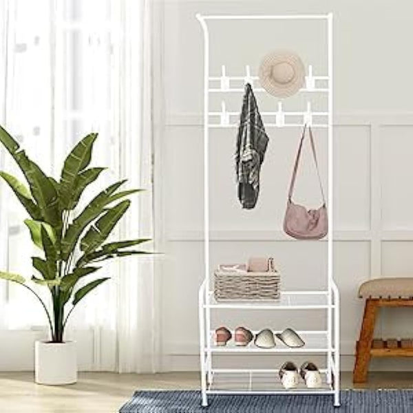 Innotic Coat Rack Stand with Shoe Rack and Removable 16 Hooks Free Standing Hall Tree Matte Steel Frame Hat Rack Coat Stand for Storage, White