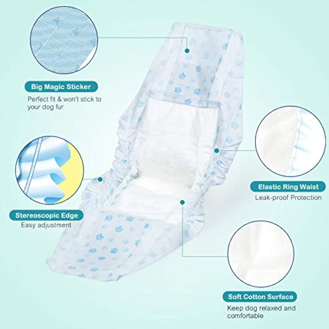 Flying Paws Male Dog Nappies, XS-60 Disposable Dog Wraps for Puppy Incontinence Super Absorbent Male Wraps, Soft Cotton, Stereoscopic Edge Fit for Potty Training, Travel