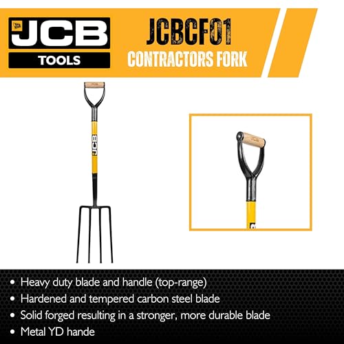 JCB - Professional Solid Forged Contractors Fork - Garden Fork Heavy Duty Professional Site and Gardening Tools - for Home Improvement, Digging, Mucking Out, Manure, Garden Borders, Weeding