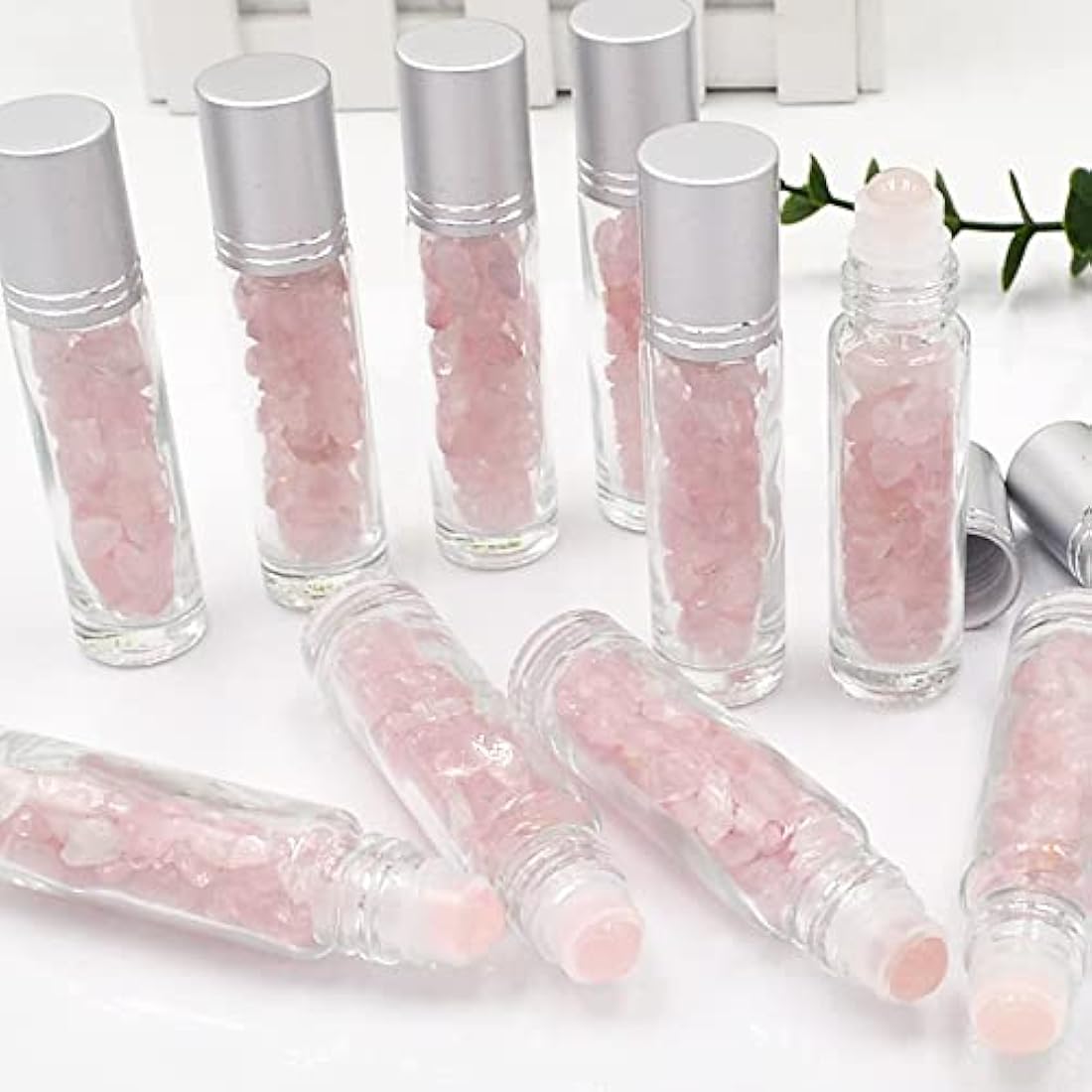 Essential Oil Roller Bottle EVA Carrying Travel Case and 10pcs Essential Oil Gemstone Roller Ball Bottles Frosted Glass Inside 10ml Healing Crystal Chips