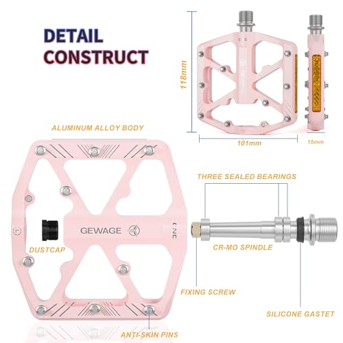 GEWAGE Bike Pedals With Reflective Strips, 3 Sealed Bearings Non-Slip CNC Aluminum Bicycle Platform 9/16" Pedals For Road Bike MTB E-Bike. (Pink)