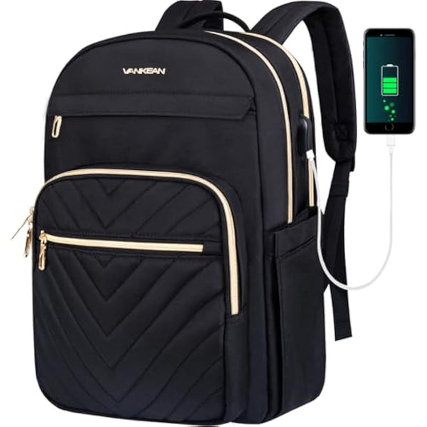 VANKEAN 15.6 Inch Laptop Backpack for Women Men Work Laptop Bag Fashion with USB Port, Waterproof Purse Backpacks Teacher Nurse Stylish Travel Bags Casual Daypacks for College, Business, Black