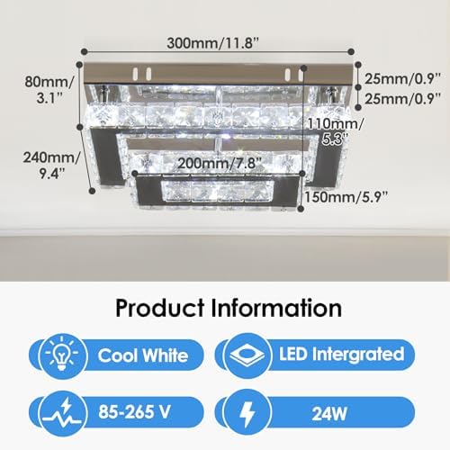 Finktonglan Crystal Ceiling Light Modern Flush Mount Rectangular LED Ceiling Lamp K9 Stainless Steel Ceiling Lights Fixture Chandelier for Living Room Bedroom Dining Room(Cool White)