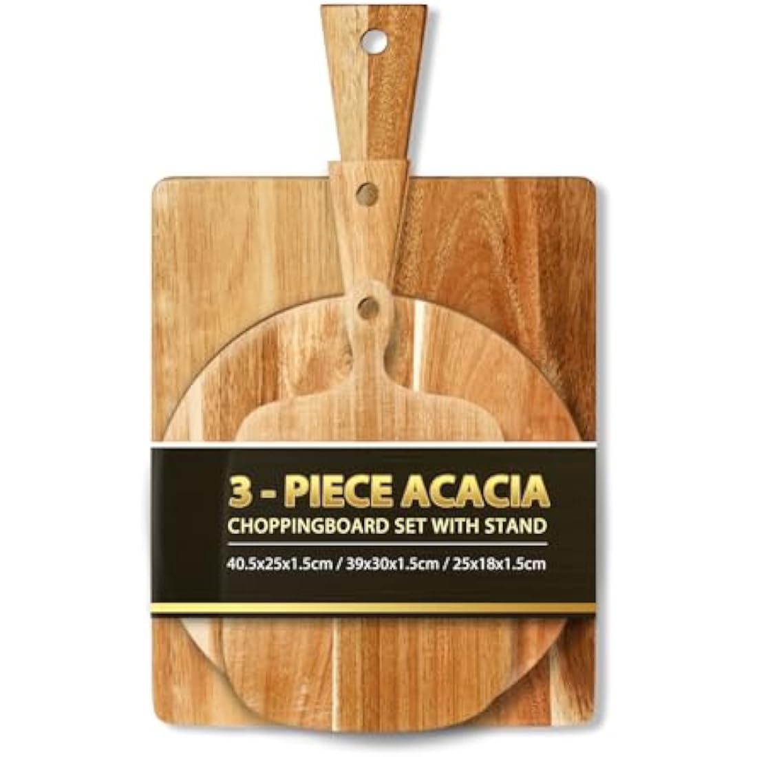 Acacia Round Cheese Board Set 3 Pack with Handles, Wooden Serving Board for Kitchen - Round, Rectangular, and Small Paddle Serving Trays for Cheese, Meat, Pizza, Bread, and Fruits