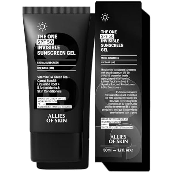 Allies of Skin - The One SPF 50 Invisible Sunscreen Gel with Vitamin C, Green Tea, Carrot Seed, Red Raspberry Seed Oil & Licorice Root, and 5 Antioxidants & Skin Conditioners. 50 ml/ 1.7 oz