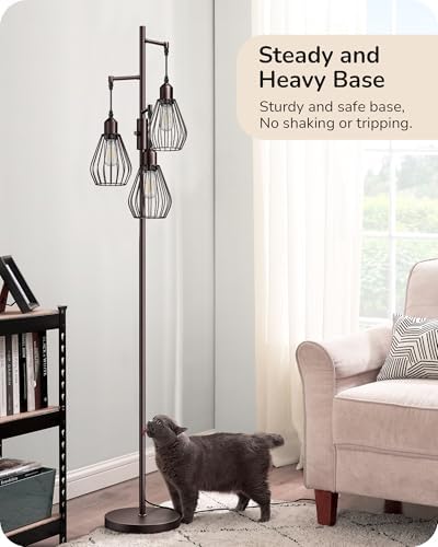 EDISHINE Industrial Floor Lamp, Dimmable Standing Lamp with Wire Cage Lampshade, Floor Lamps for Living Room, Bedroom, E27 Sockets, 3 LED Bulbs Included, Brown Metal