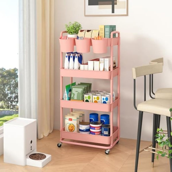 JIUYOTREE 4-Tier Plastic Rolling Storage Cart Utility Cart with Extra Hanging Cups Handles Lockable Wheels for Living Room Bathroom Kitchen Office Pink