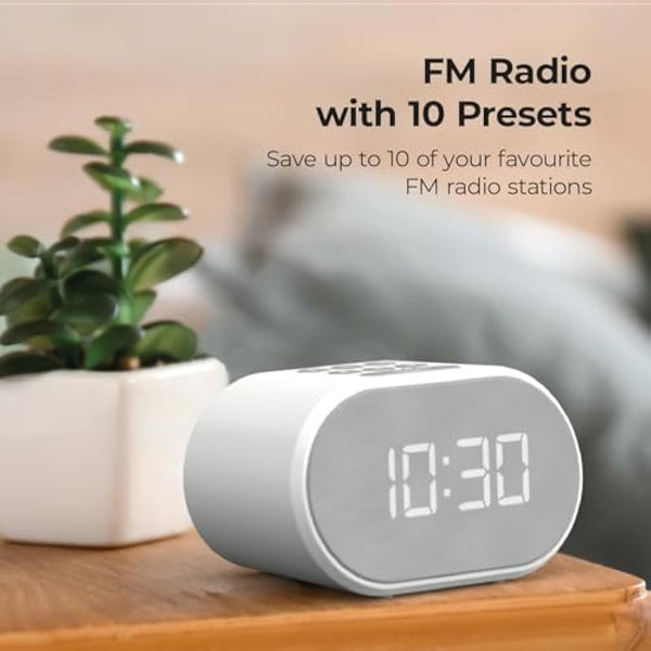 i-box Alarm Clocks Bedside, Radio Alarm Clock, Mains Powered or Battery, FM Radio, USB Charging Port, 5 Step Dimmable Display, Non Ticking, LED Display (White)