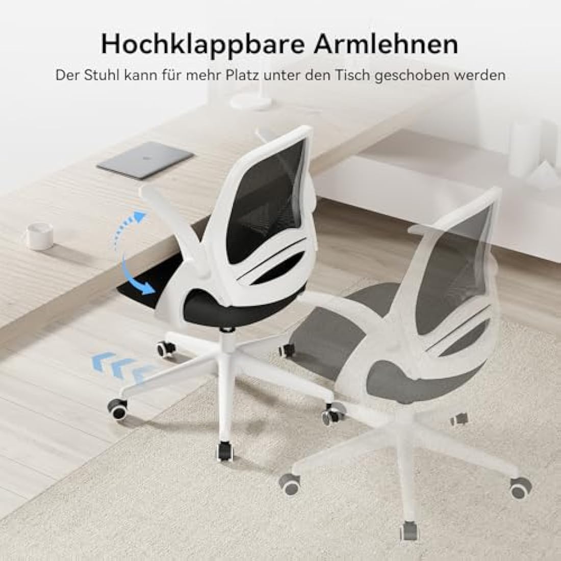 Hbada Office Chair Desk Chair Flip-up Armrest Ergonomic Task Chair Compact 120° Locking 360° Rotation Seat Surface Lift Reinforced Nylon Resin Base, White