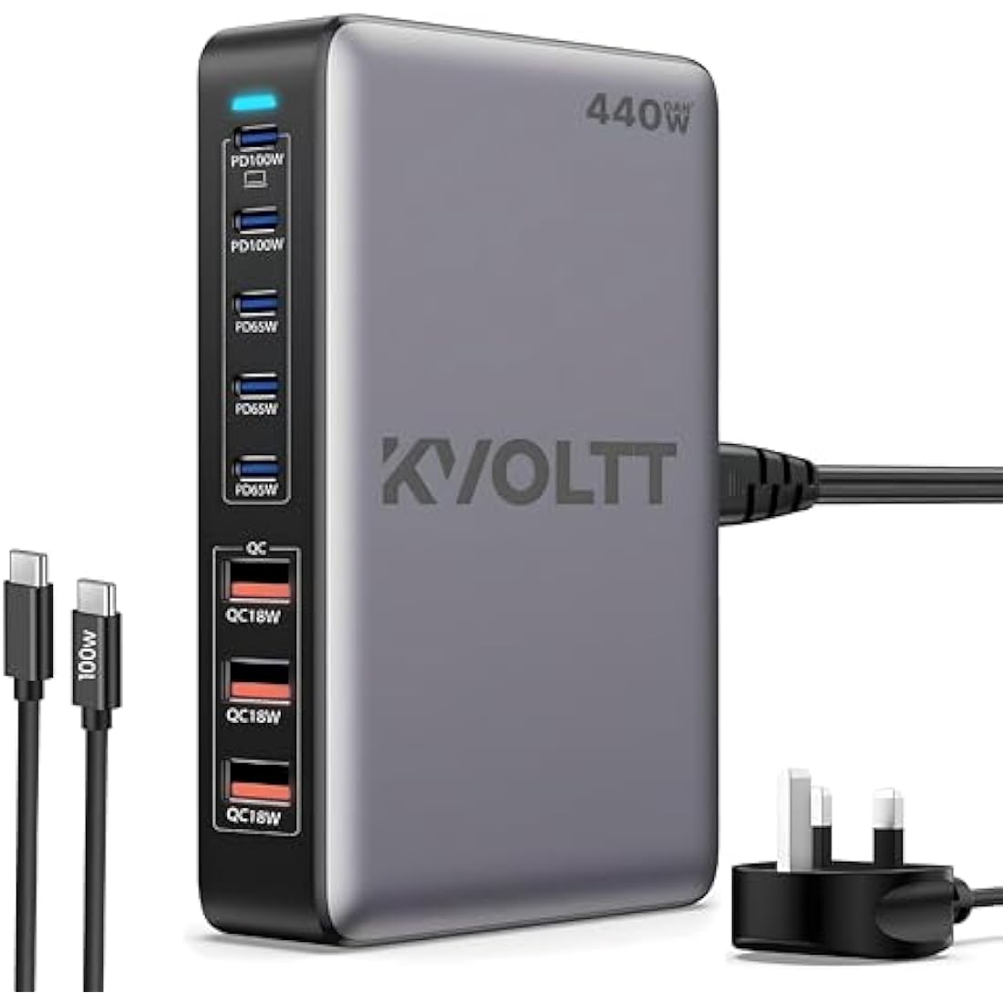 440W USB charging station - Gan Charger with 5 USB C & 3 USB A Ports, 100W 65W USB charging hub with USB C multi charger,Compatible with MacBook Lenovo Laptop iPhone iPad - 100W USBC Cable Included